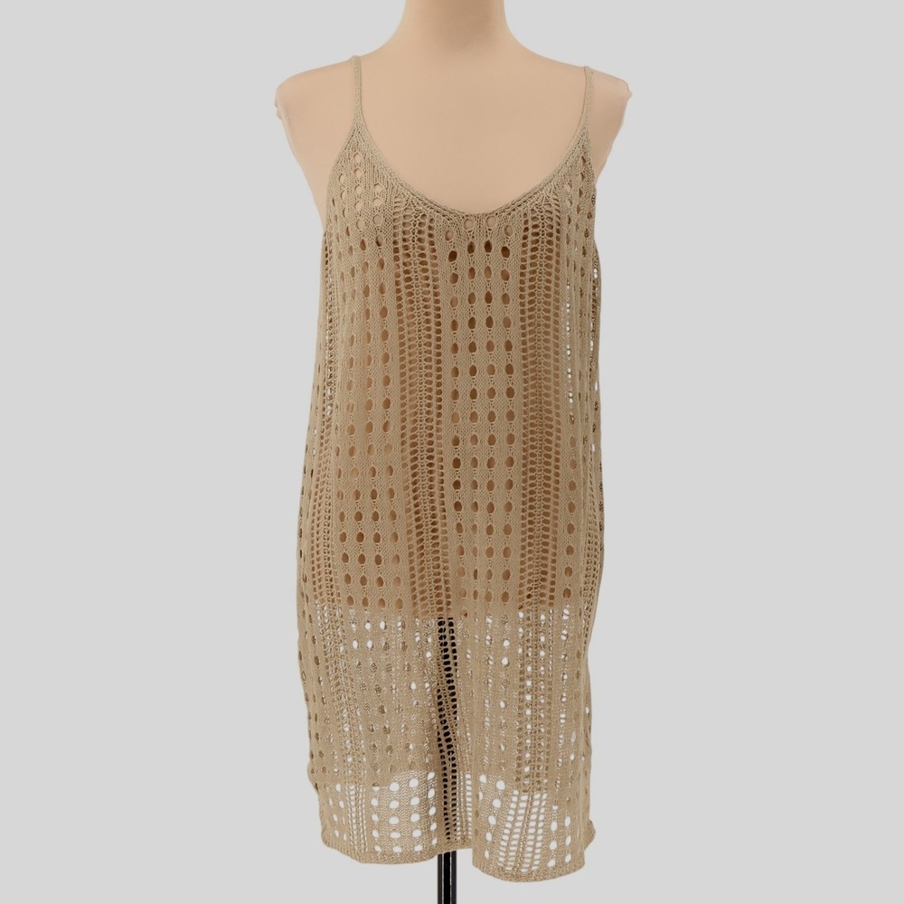 Crochet Knit Beach Cover Up Dress Tan Boho Resort‎ Summer Vacation Layering OS